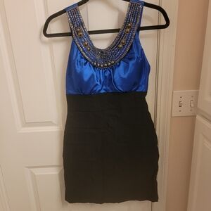 Blus silk top with form fitting mini black bottomed dress with beaded neckline.